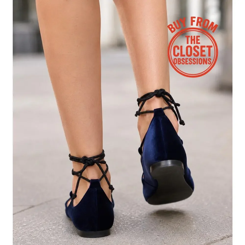 ZARA Navy Velvet Lace Up Ballet Flats NWT Balletcore Shoes Sizes 7.5 8 9